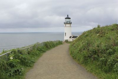 Scenic view of lighthouse by sea against sky