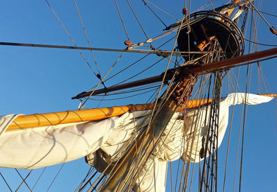 Low angle view of ship against clear blue sky