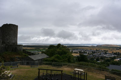 High angle view of buildings against sky