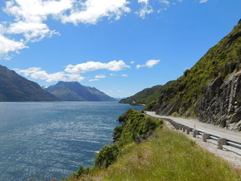 Scenic view of lake and mountains against sky