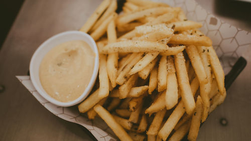 Close-up of fries and meat
