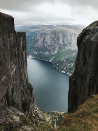 Scenic view of sea and mountains against sky