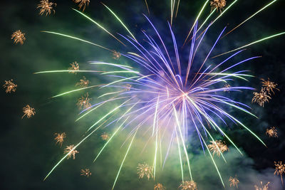 Low angle view of firework display at night