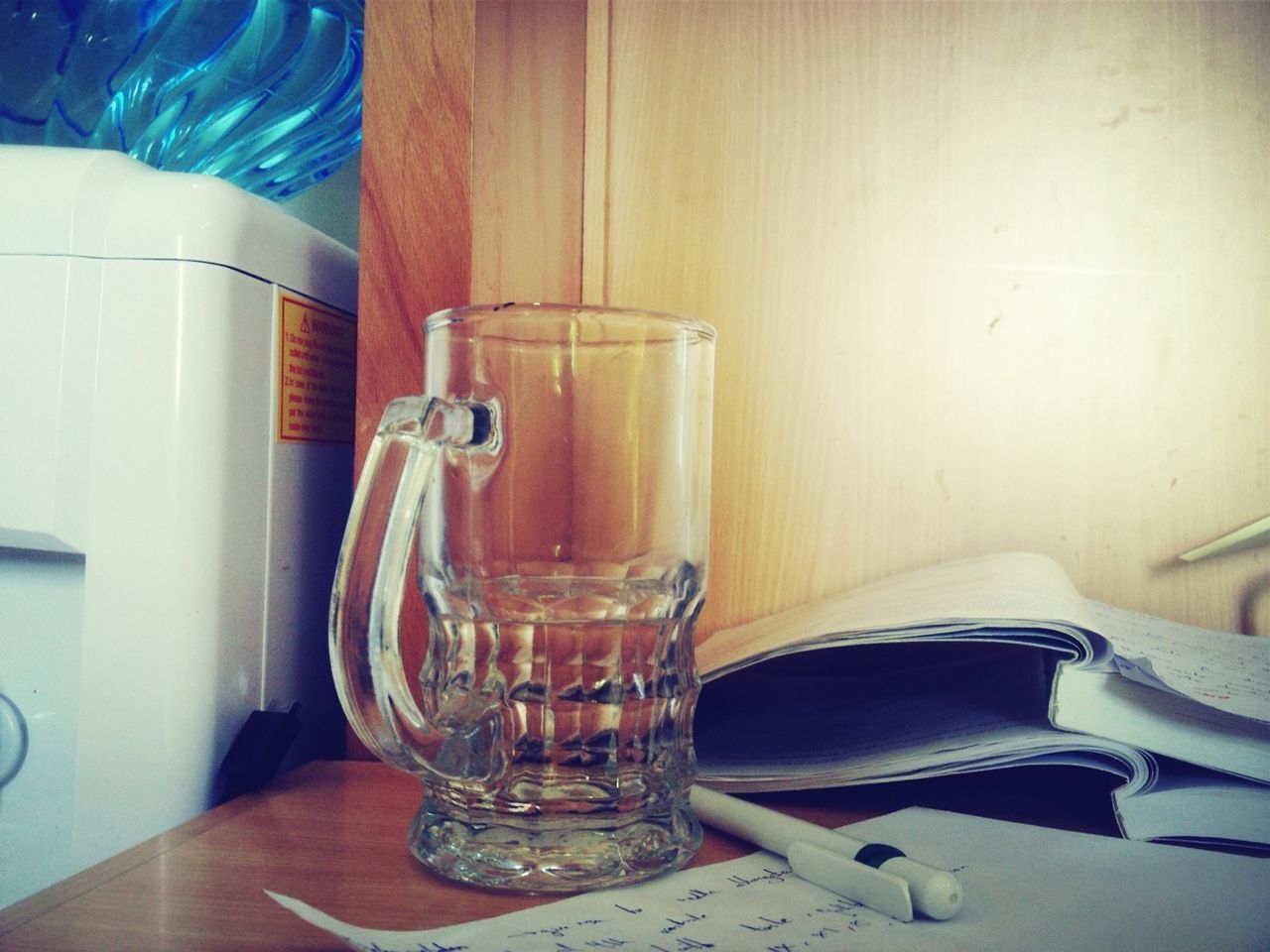 indoors, table, still life, empty, absence, chair, drink, drinking glass, food and drink, home interior, close-up, no people, refreshment, wood - material, domestic kitchen, high angle view, domestic room, bottle, glass - material, day