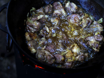 High angle view of meat in cooking pan