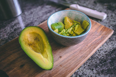 High angle view of fruits in plate on table