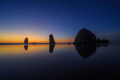 Scenic view of lake against clear sky during sunset