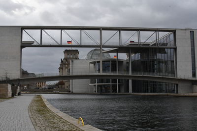 Bridge over river by buildings against sky