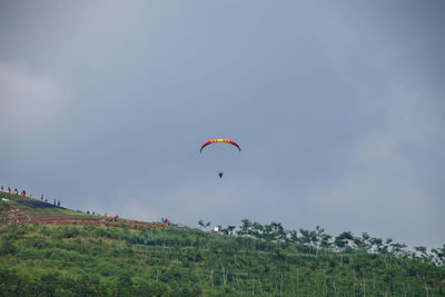 Low angle view of people paragliding against sky