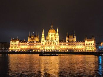 Illuminated hungarian parliament building at waterfront