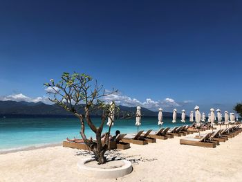 Scenic view of beach against blue sky