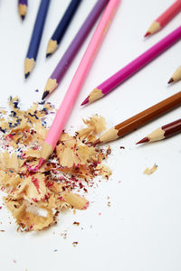 High angle view of multi colored pencils on table
