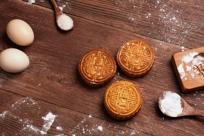 High angle view of cookies on table