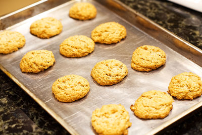 High angle view of cookies in tray