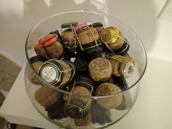 Close-up of wine bottles on table