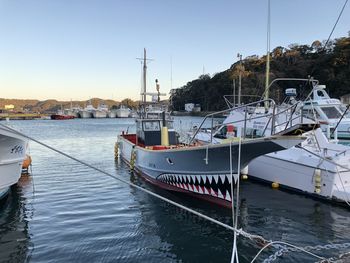 Boats moored at harbor