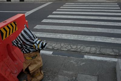 Rear view of man with umbrella on street