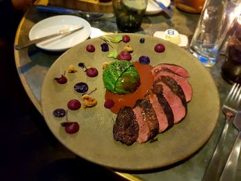 High angle view of dessert served on table