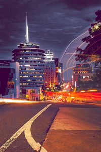 Light trails on road at night