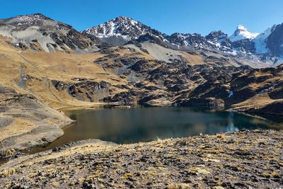 Scenic view of lake and snowcapped mountains against sky - pico austria hiking trail cordillera real