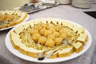 High angle view of breakfast served on table