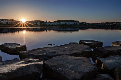 Scenic view of lake against sky during sunset