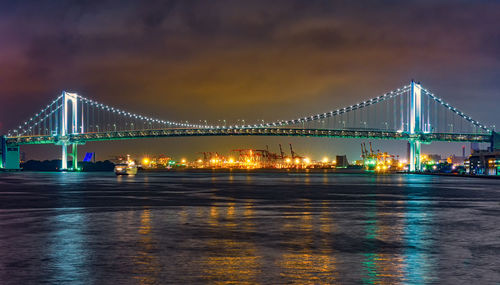 Illuminated suspension bridge at night