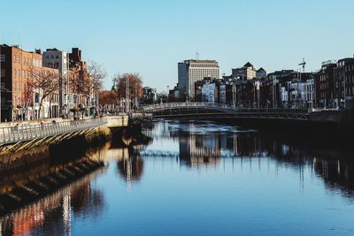 Reflection of buildings in river against clear sky