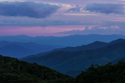 Scenic view of silhouette mountains against sky