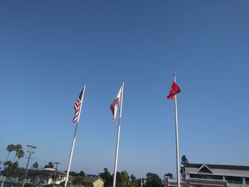 Low angle view of flags against clear blue sky