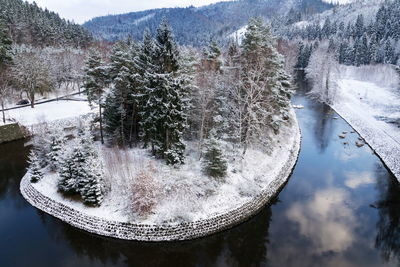 Reflection of trees on snow covered mountain