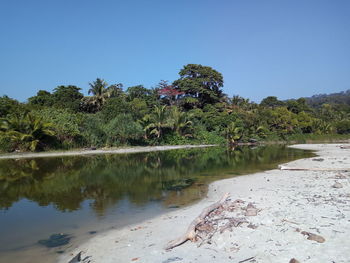 Scenic view of lake against clear blue sky