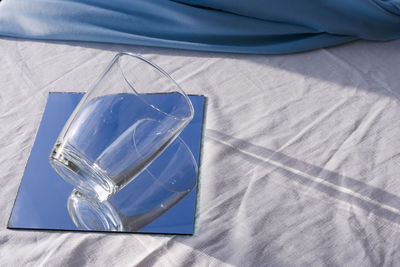 High angle view of glass on table