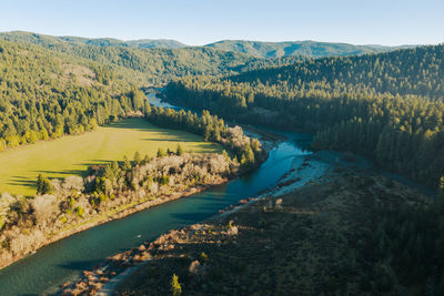 Winding smith river in california, drone photo of jedediah smith redwoods state park.