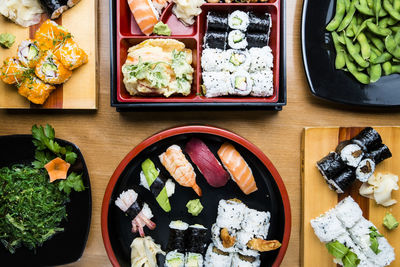 High angle view of sushi served on table