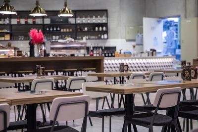 Empty chairs and tables in cafe