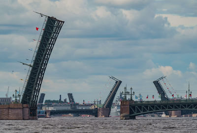 Low angle view of crane against sky