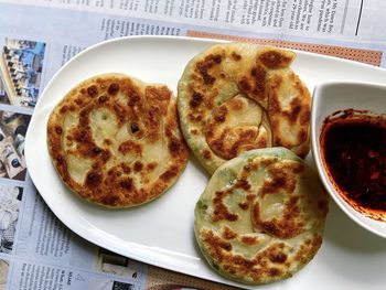 High angle view of breakfast served on table