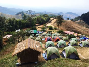 High angle view of tent on mountain against sky