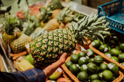 Midsection of woman holding fruits at market stall