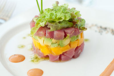 Close-up of served food in plate