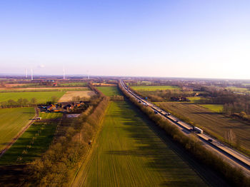 High angle view of agricultural field against clear sky