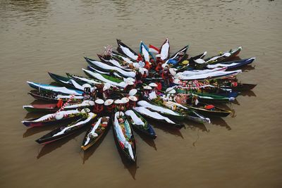 High angle view of boats on lake