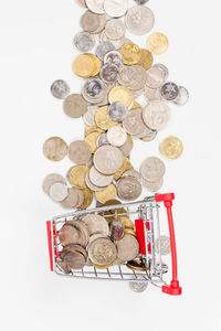 High angle view of coins