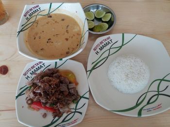 High angle view of breakfast served on table