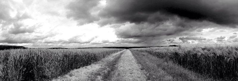 Dirt road passing through field against cloudy sky