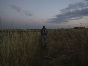 Rear view of man standing on field against sky