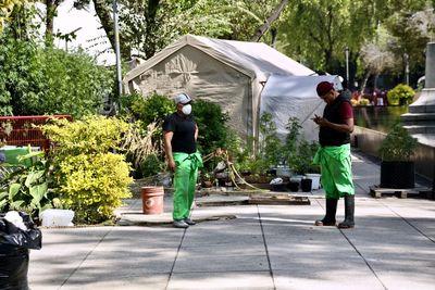 Rear view of people standing by plants