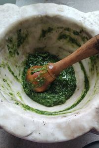 High angle view of soup in bowl