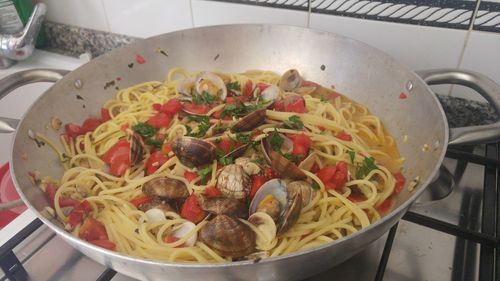 High angle view of food in cooking pan